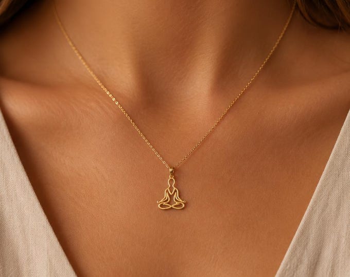 Meditation Pose Necklace, 8K or 14K Solid Gold Yoga Pendant, Mindfulness Spiritual Jewelry Gift for Her