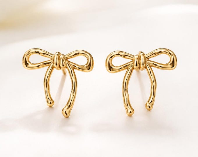 14K Solid Gold Bow Stud Earrings, Dainty Ribbon Jewelry for Her