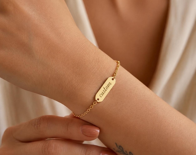 Custom Name Bar Bracelet in 8K & 14K Solid Gold, Personalized Engraved ID Bracelet, Dainty Nameplate Chain, Minimalist Everyday Jewelry Gift