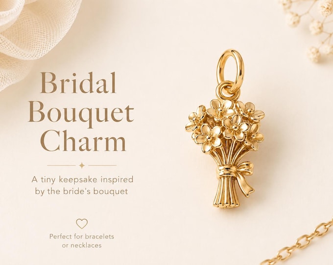 Solid Gold Flower Bouquet Charm, Tiny Floral Pendant Necklace in 8K or 14K, Gift for Mom