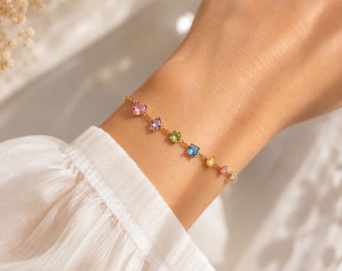 Colorful Gemstone Bracelet, Solid Gold Rainbow Bracelet, 8K 14K Gold Bracelet, Multicolor Stone Jewelry, Dainty Gold Bracelet