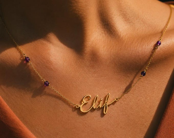 Heirloom Amethyst Name Necklace, Personalized Jewelry in 18K Gold, Crafted to Order
