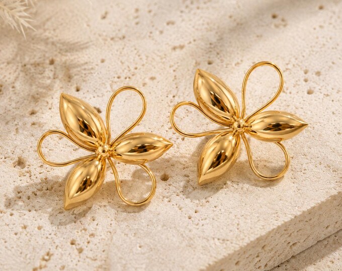 Sculptural 14K Gold Flower Stud Earrings, Botanical Statement Jewelry