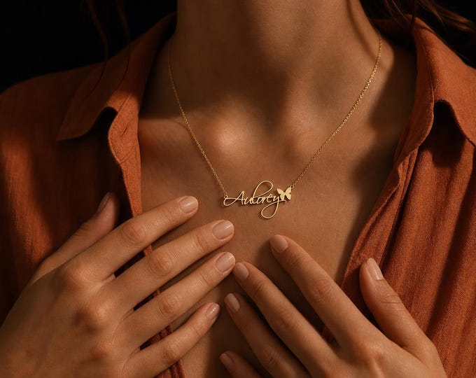 Butterfly Name Necklace in 8K or 14K Solid Gold, Custom Script