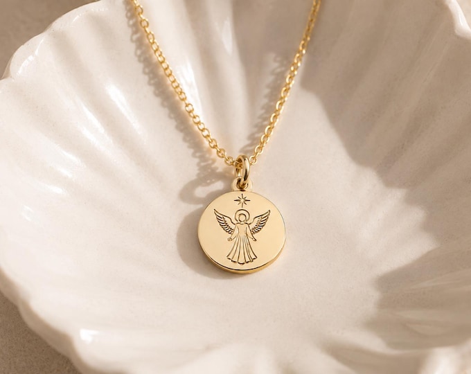 Solid Gold Guardian Angel Charm in 8K & 14K, Angel Coin Pendant Only, Religious Protection Medallion, Baptism Gift