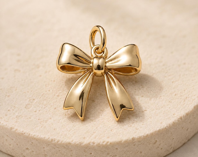 Solid Gold Ribbon Bow Charm Necklace, Dainty Coquette Pendant Jewelry