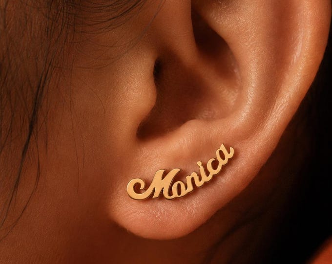 Custom Name Ear Climber, 14K Solid Gold Script Studs, Personalized Dainty Earrings