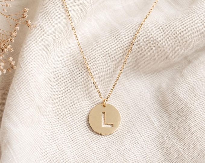 Cutout Initial Coin Necklace, Personalized Solid Gold Letter Disc in 8K or 14K
