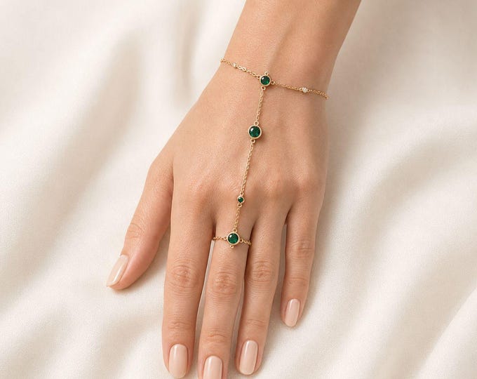 Birthstone Hand Chain Bracelet, 8K or 14K Solid Gold Shahmeran, Custom Month Jewelry