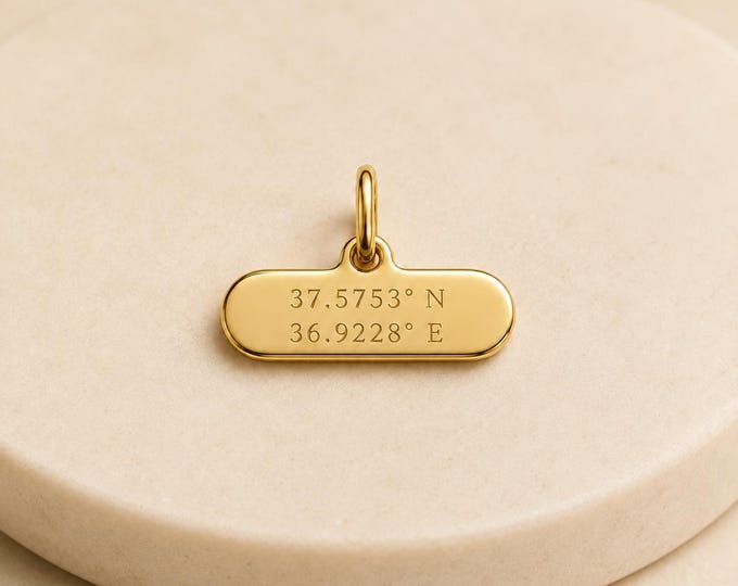 10K Solid Gold Coordinates Charm, Custom Latitude Longitude Bar, Personalized Location Necklace, Travel Gift
