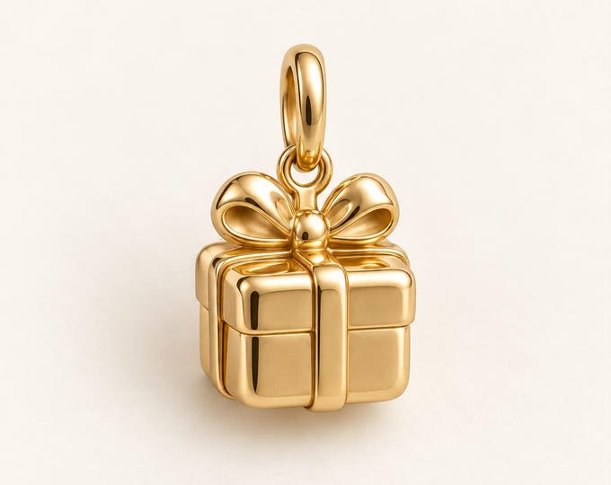 Solid Gold Gift Box Charm, Present Charm with Bow, Christmas Gift Charm, Birthday Charm, Tiny 8K 14K Gold Charm