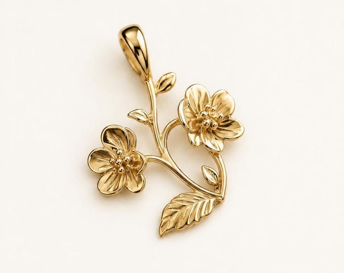 Solid Gold Two Flower Charm, 8K or 14K Botanical Branch Pendant, Charm Only