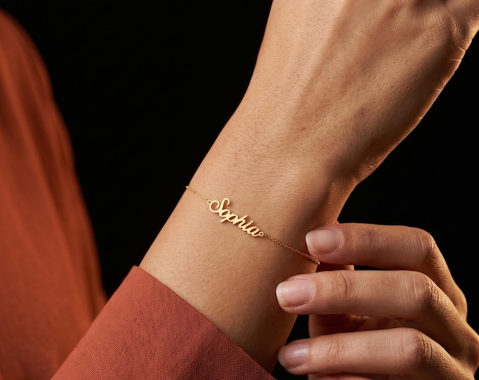 Custom Name Bracelet, 14K Solid Gold Script Nameplate, Personalized Dainty Jewelry, Gift for Her