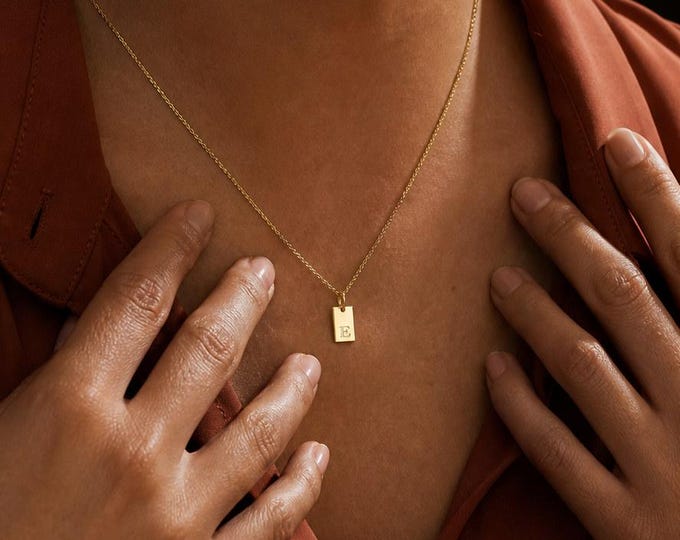 Initial Tag Necklace, 8K or 14K Solid Gold Engraved Letter Pendant