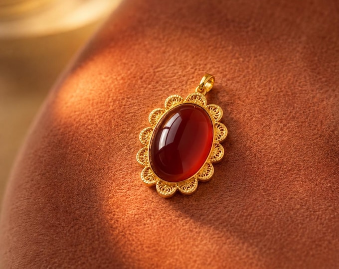 Carnelian Agate Pendant, 14K Solid Gold Filigree, Ottoman Telkari Jewelry