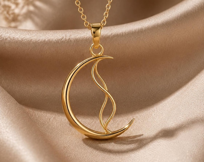 Flame Crescent Moon Necklace, 8K or 14K Solid Gold Openwork Pendant, Celestial Symbol Jewelry Gift for Her