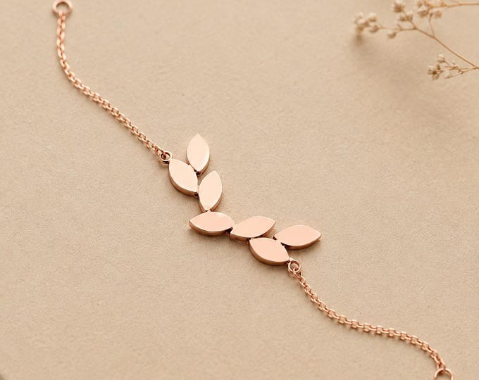 Solid Gold Olive Branch Bracelet in 8K & 14K, Dainty Leaf Vine Chain, Botanical Nature Jewelry, Minimalist Gold Leaves