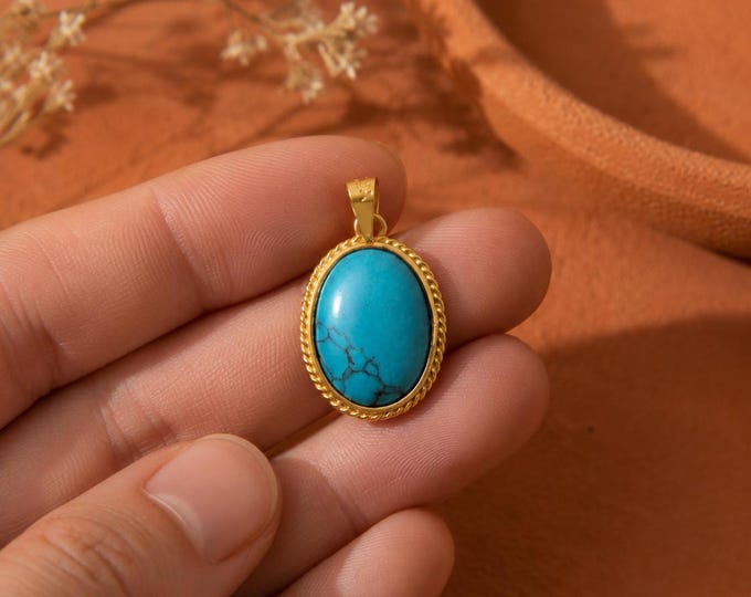 Oval Turquoise Pendant Necklace, 14K Solid Gold Rope Frame, December Birthstone Boho Jewelry