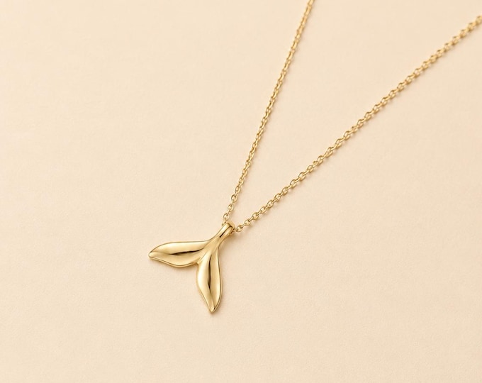 Solid Gold Whale Tail Necklace in 8K & 14K, Dainty Mermaid Tail Pendant, Ocean Inspired Minimalist Jewelry, Beach Lover Gift, Marine Charm