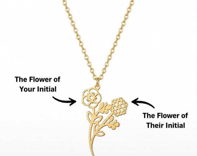 Two Initial Flower Necklace, Personalized Botanical Pendant in 8K or 14K Gold