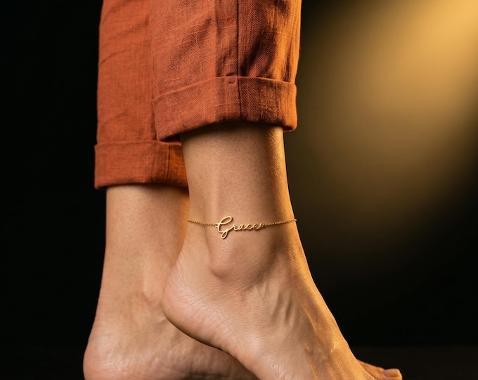 Personalized Solid Gold Name Anklet, Custom Script Ankle Bracelet, Dainty Everyday Jewelry