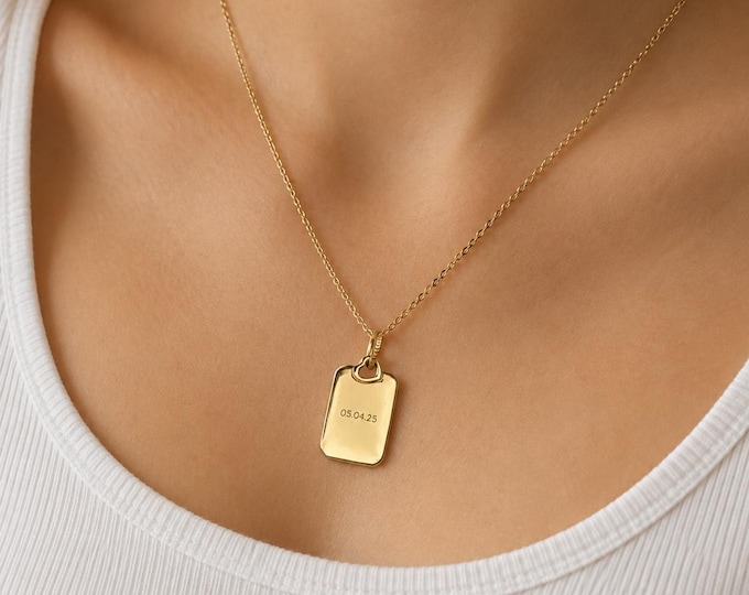 Custom Date Tag Necklace, 8K or 14K Solid Gold Engraved Rectangle Pendant, Anniversary Keepsake Gift