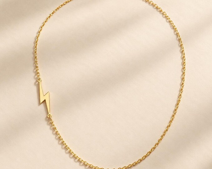 Lightning Bolt Necklace in 8K or 14K Gold, Dainty Asymmetric Chain