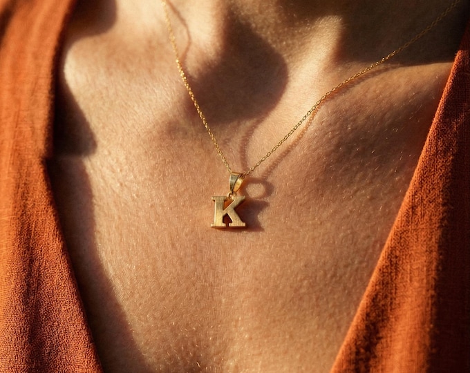 14K Solid Gold Initial Necklace, Minimal Letter Pendant, Everyday Jewelry