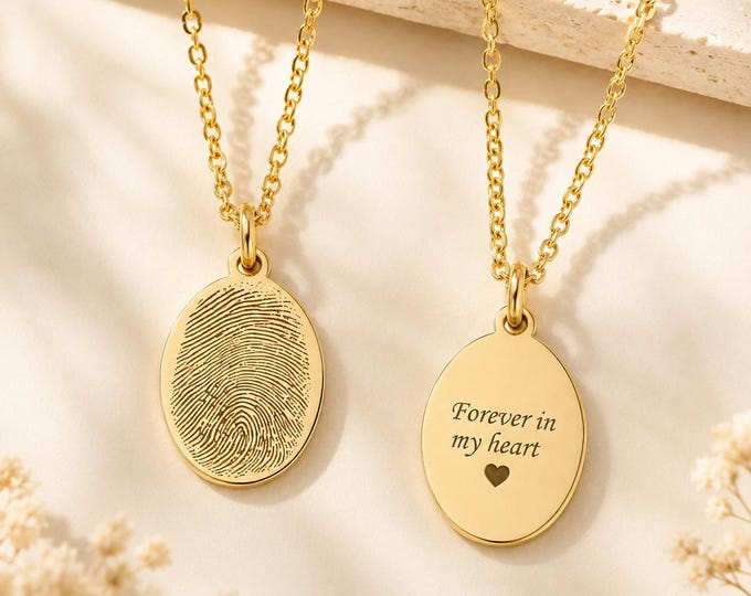 Fingerprint Necklace in 8K or 14K Solid Gold, Custom Two Sided Engraved Oval Pendant, Memorial Keepsake Gift