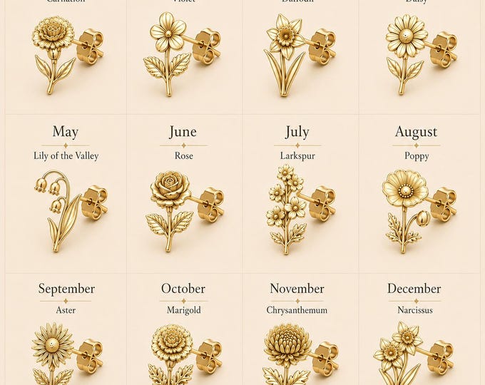 Solid Gold Birth Month Flower Stud Earrings, Single or Pair, 8K or 14K