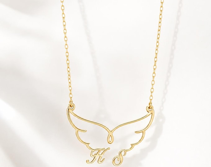 Two Initial Angel Wing Necklace, Personalized Solid Gold Memorial Pendant in 8K or 14K