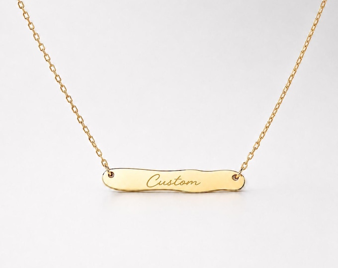 Personalized Wavy Bar Necklace, 8K or 14K Solid Gold Engraved Name Necklace, Custom Date Coordinates Jewelry, Gift for Her