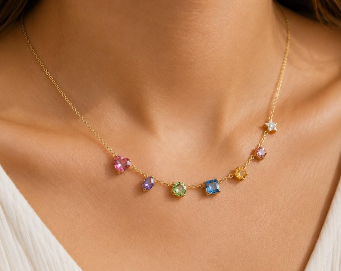 Colorful Gemstone Necklace, Solid Gold Rainbow Necklace, 8K 14K Gold Necklace, Multicolor Stone Jewelry, Dainty Gold Necklace