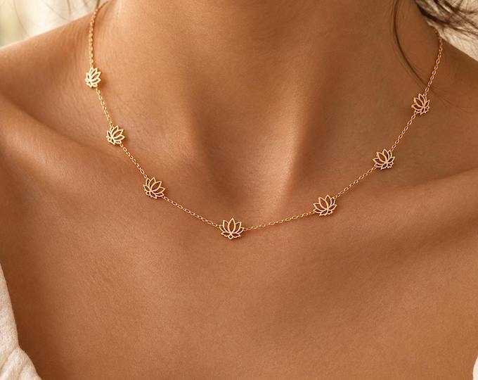 Solid Gold Lotus Flower Necklace, 8K 14K Gold, Dainty Floral Station Necklace, Minimalist Botanical Jewelry, Gift for Her