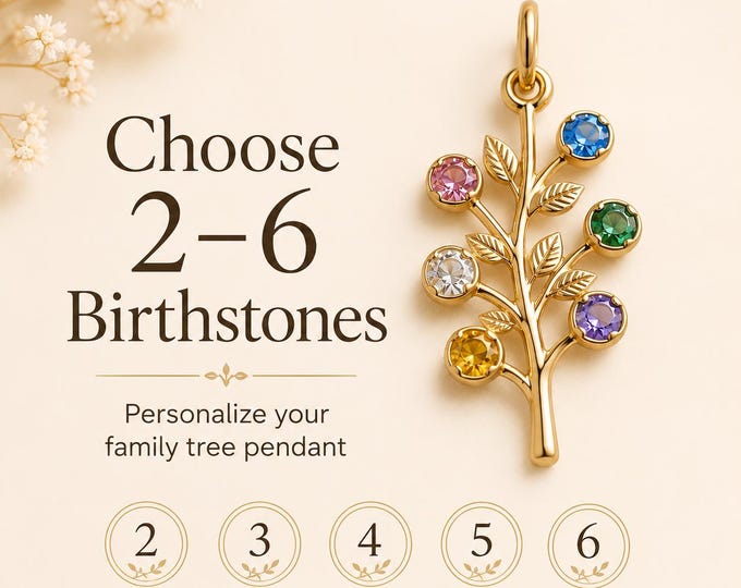 Solid Gold Family Tree Birthstone Charm in 8K & 14K, Custom Gemstone Branch Pendant Only, Personalized Mothers Charm, 2 to 6 Stones No Chain