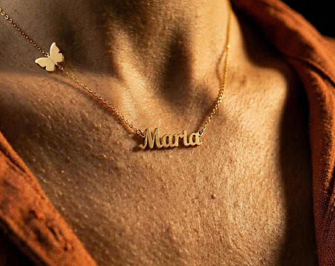 Bespoke 10K Solid Gold Butterfly Name Necklace, Custom Script Nameplate, Personalized Keepsake
