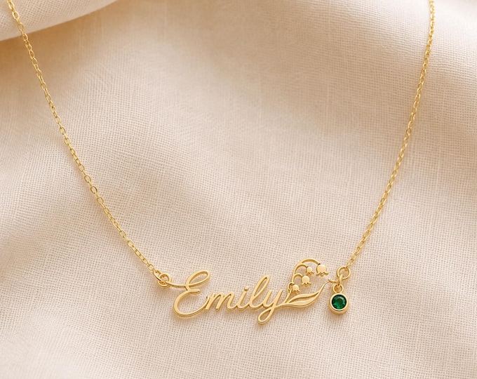 Birth Month Flower Name Necklace, 8K or 14K Solid Gold Script Jewelry with Birthstone Charm, Personalized Gift