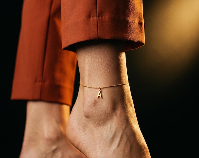 Initial Anklet, 14K Solid Gold Letter Ankle Bracelet