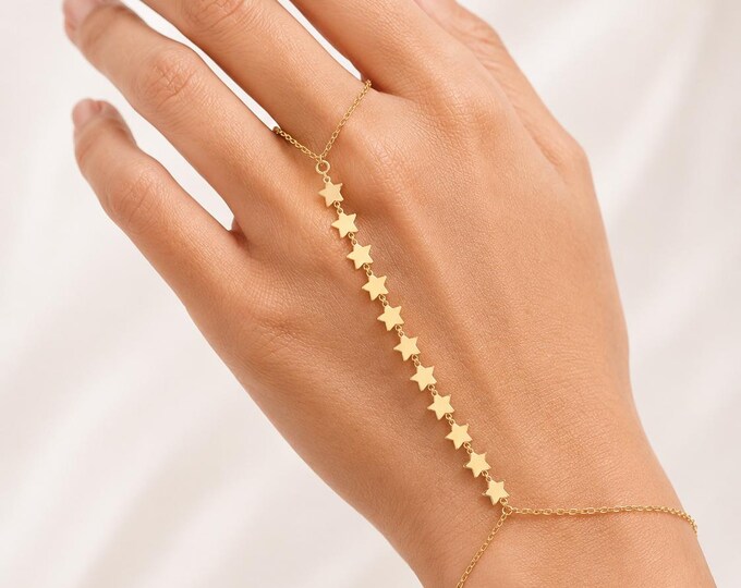 Celestial Star Hand Chain Bracelet, 8K or 14K Solid Gold Shahmeran