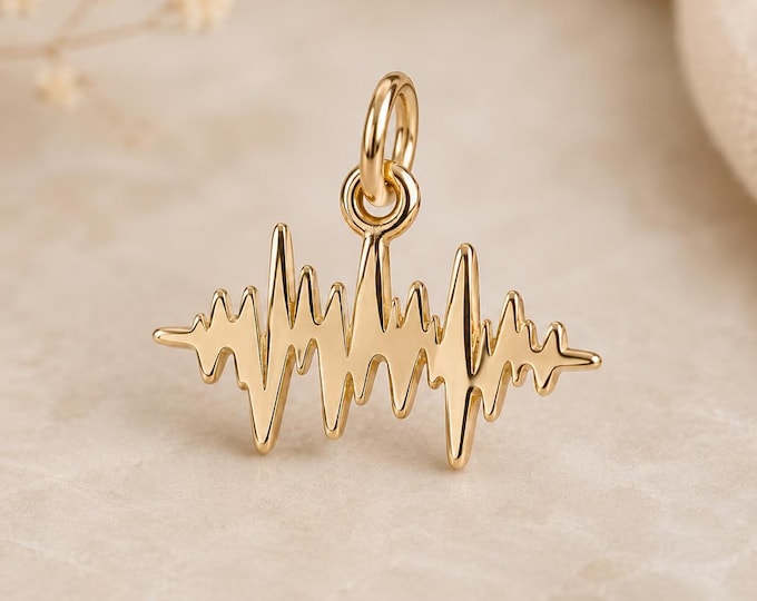Solid Gold Sound Wave Charm, 8K 14K Gold Audio Wave Pendant, Music Lover Gift, Heartbeat Necklace Charm, Chain Not Included