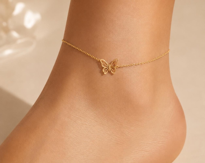Solid Gold Butterfly Anklet, Dainty Cable Chain Ankle Bracelet, Minimal Summer Jewelry