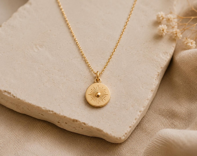 Solid Gold Sunburst Necklace in 8K & 14K, Dainty Starburst Coin Pendant, Celestial Medallion, Minimalist Sun Jewelry, Everyday Gold Chain