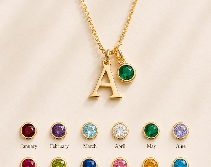 Personalized Initial Birthstone Necklace, Solid Gold Letter Pendant, Custom Mom Gift