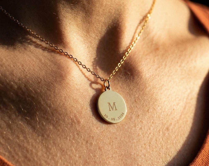 Solid Gold Engraved Initial Disc Necklace, Minimal Coin Pendant, Custom Date Jewelry