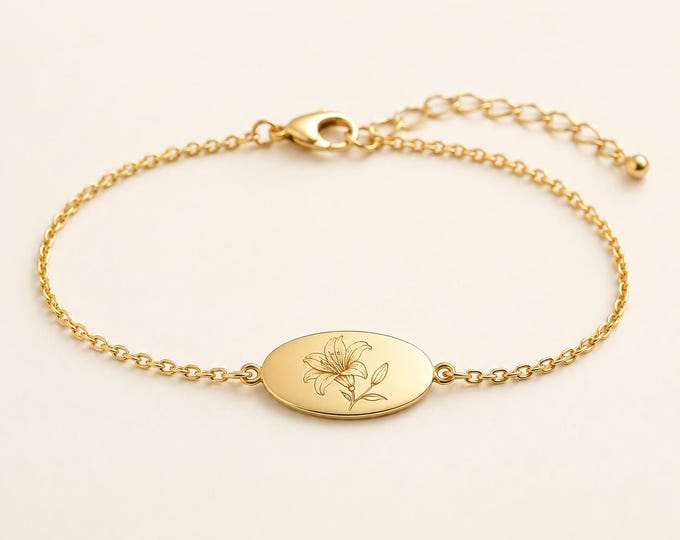Personalized Birth Flower Bracelet, 8K or 14K Solid Gold Botanical Gift