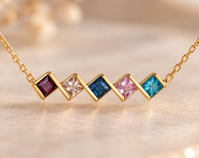 Multicolor Stone Necklace in 8K or 14K Solid Gold, Five Stone Bar Necklace, Square Bezel Set Jewelry