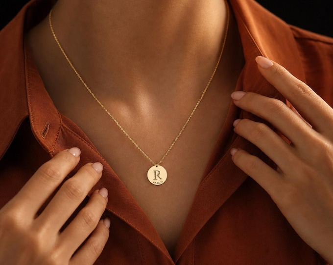 Initial Date Necklace, 8K or 14K Solid Gold Engraved Disc Pendant