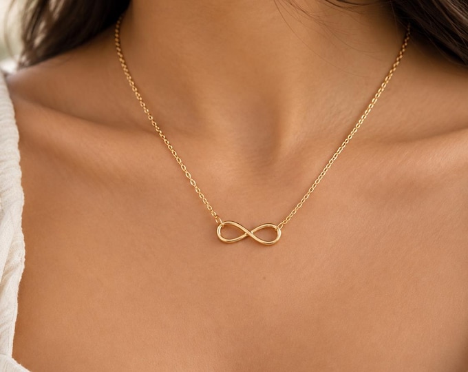 Solid Gold Infinity Necklace, 8K 14K Gold, Dainty Infinity Pendant, Minimalist Forever Love Necklace, Gift for Her