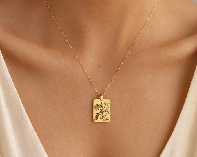 Custom Photo Engraved Necklace, Personalized Portrait Pendant in 8K or 14K Solid Gold, Memorial Family Gift