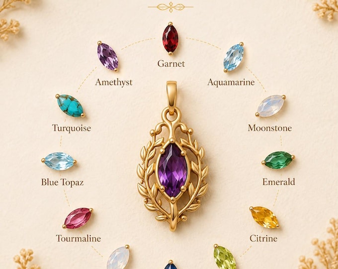 Natural Gemstone Necklace, Solid Gold Botanical Pendant in 8K or 14K, Marquise Birthstone Jewelry, Gift for Her